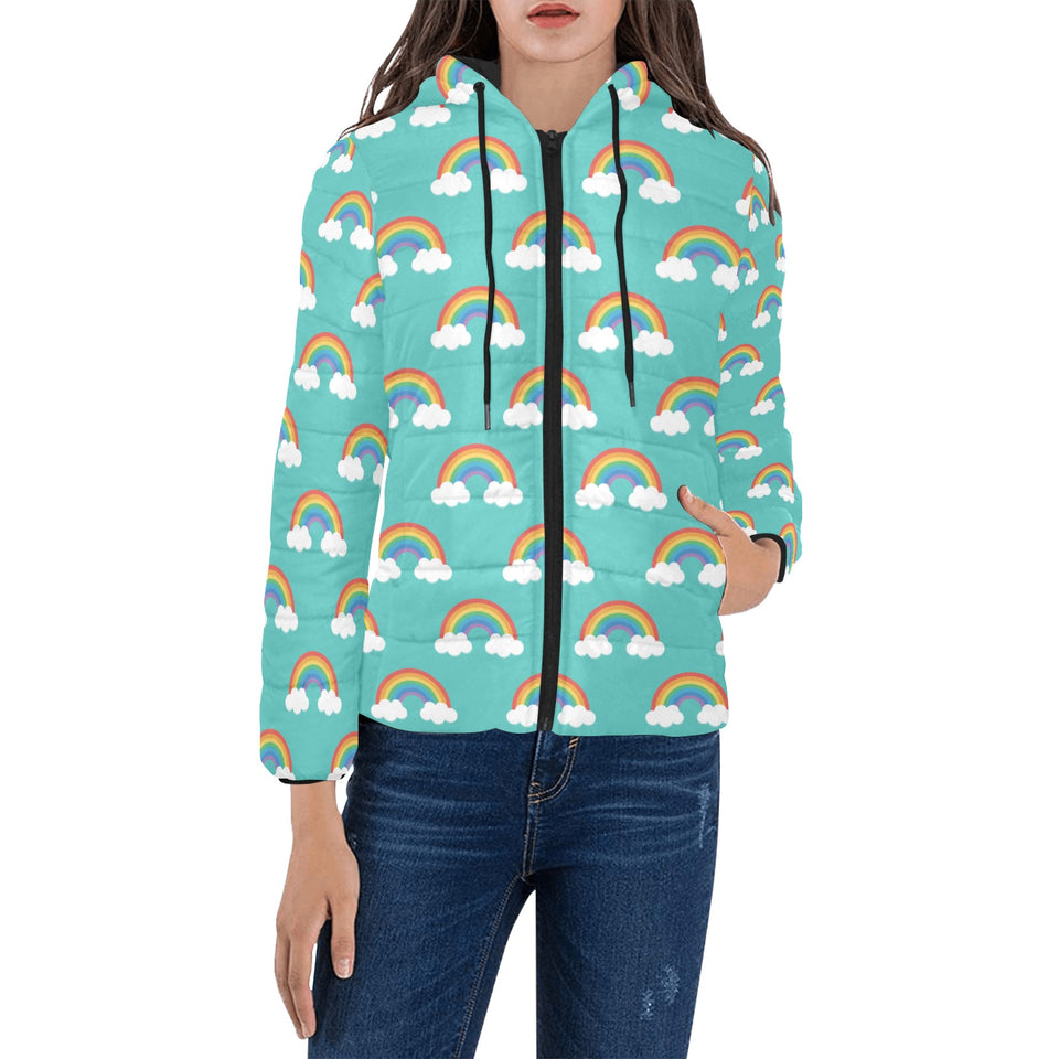 Rainbow pattern green background Women's Padded Hooded Jacket