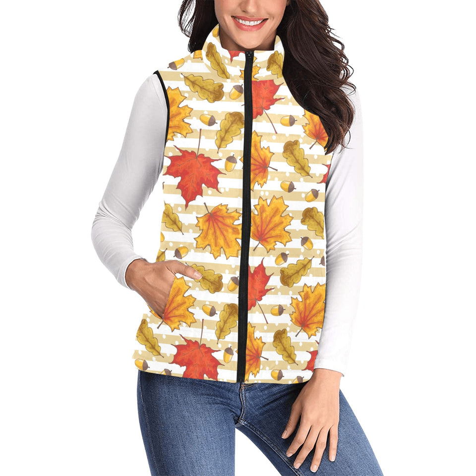 Maple leaf oak leaf acorns beige striped backgroun Women's Padded Vest