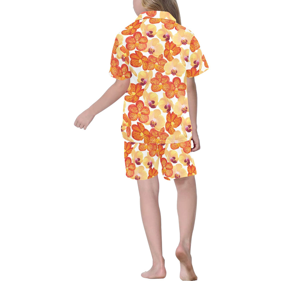 Orange yellow orchid flower pattern background Kids' Boys' Girls' V-Neck Short Pajama Set