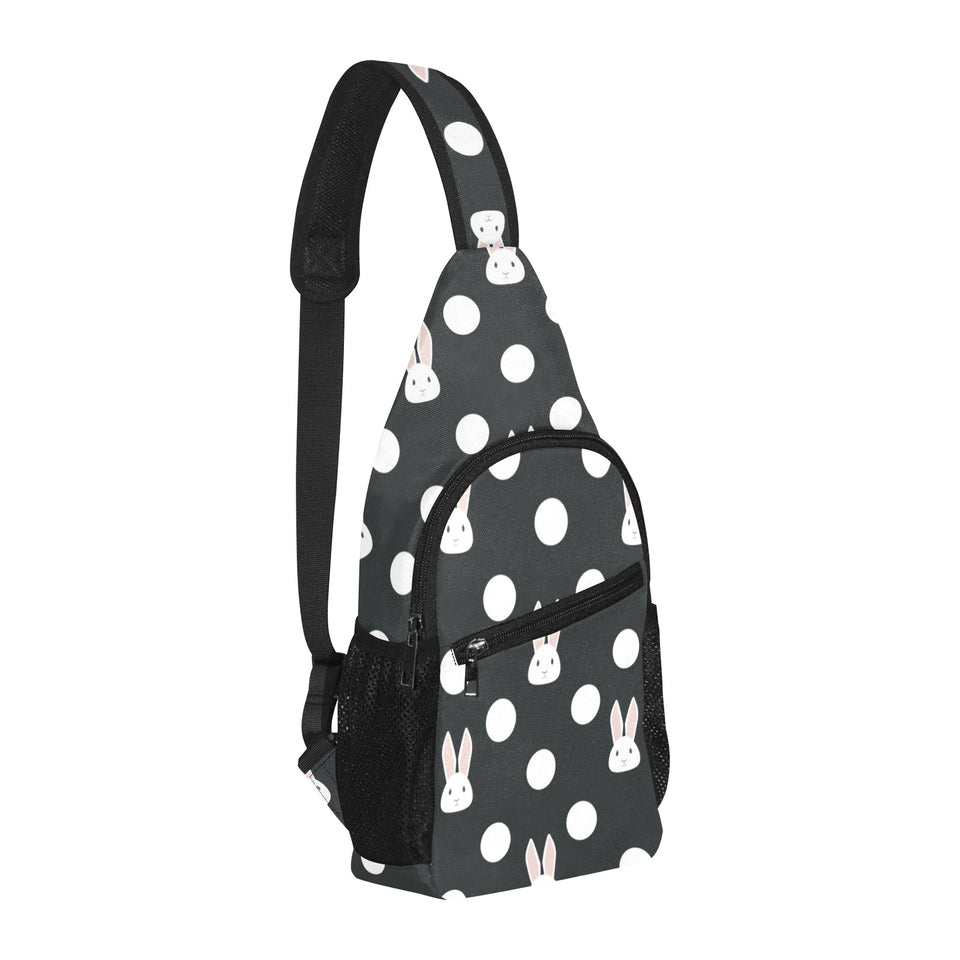 Cute white rabbit polka dots black background All Over Print Chest Bag