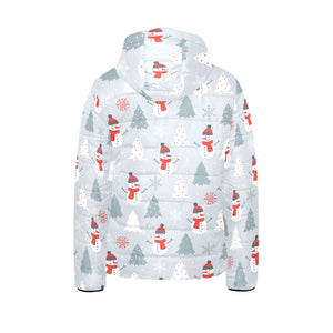 Snowman christmas tree snow gray background Kids' Boys' Girls' Padded Hooded Jacket