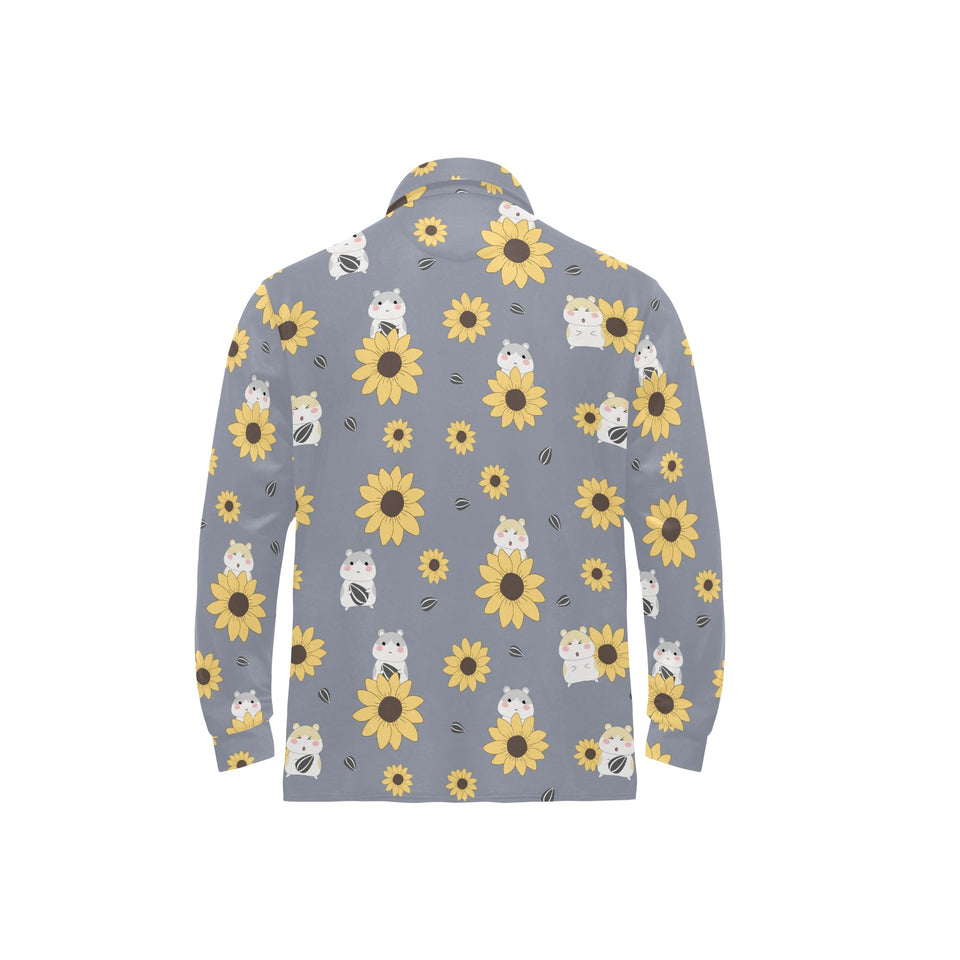 Cute hamster sunflower pattern background Men's Long Sleeve Polo Shirt