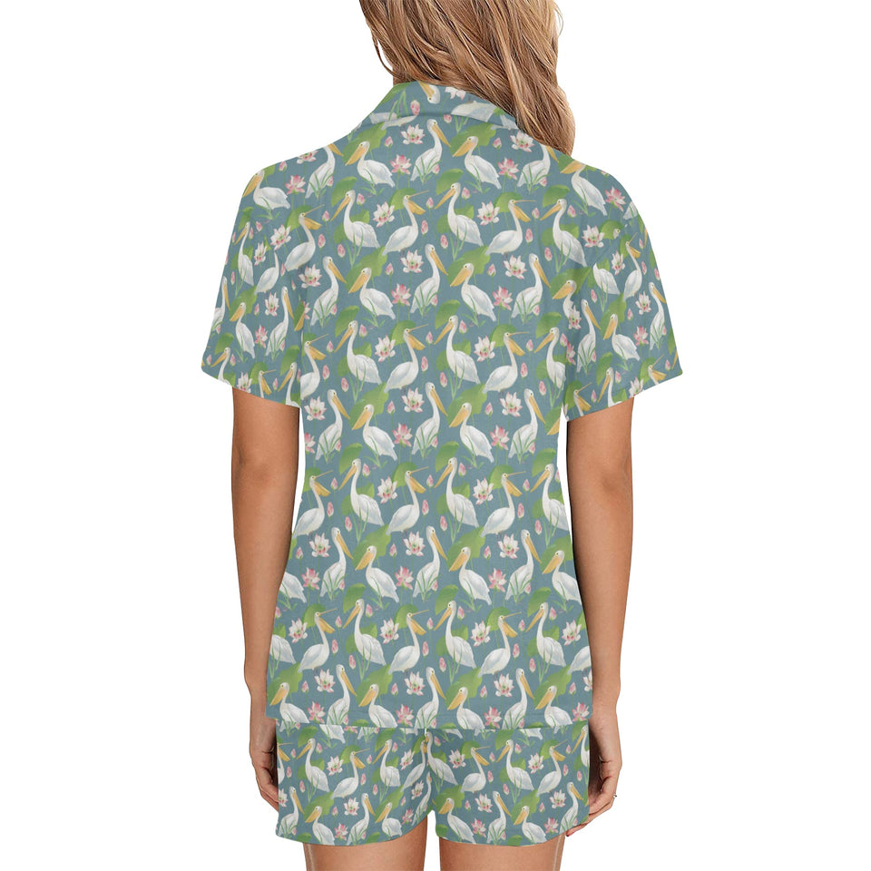 Pelican Pattern Print Design 04 Women's V-Neck Short Pajama Set