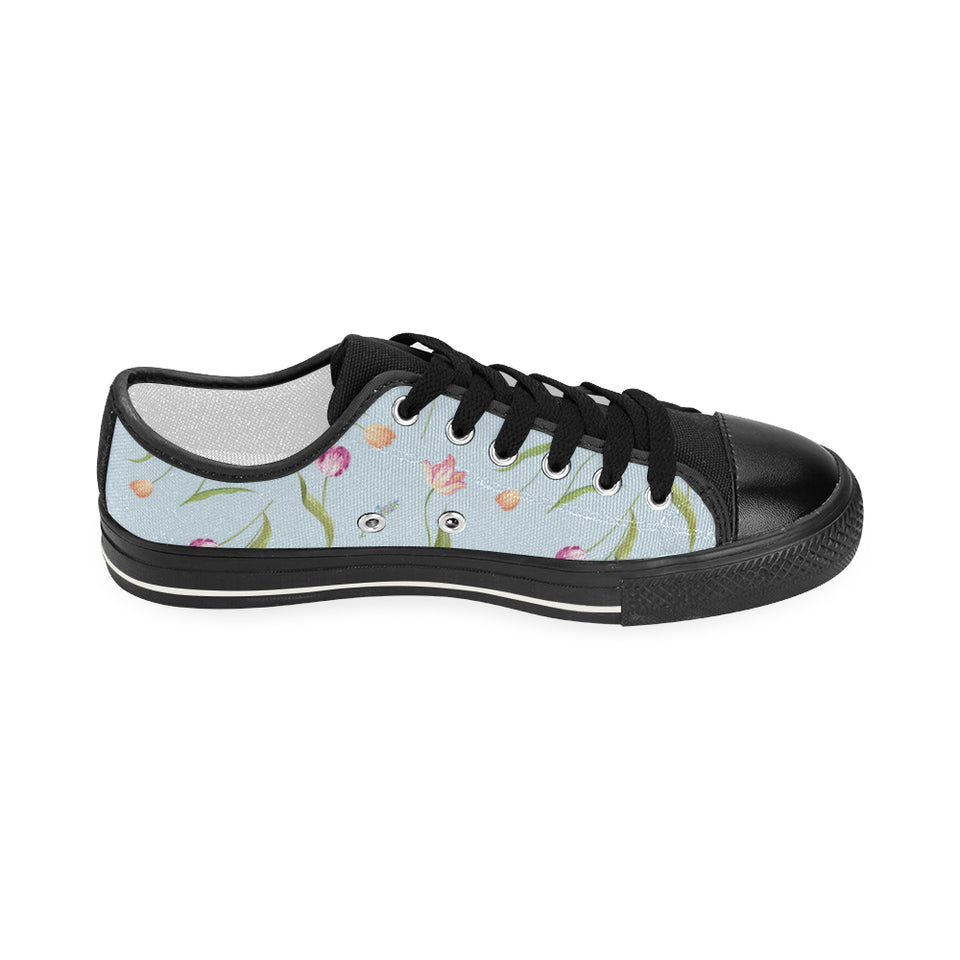 Watercolor Tulips pattern Women's Low Top Canvas Shoes Black
