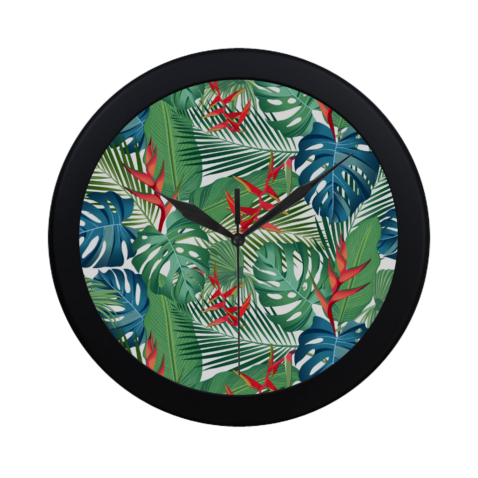 heliconia palm and monstera  leaves pattern Elegant Black Wall Clock