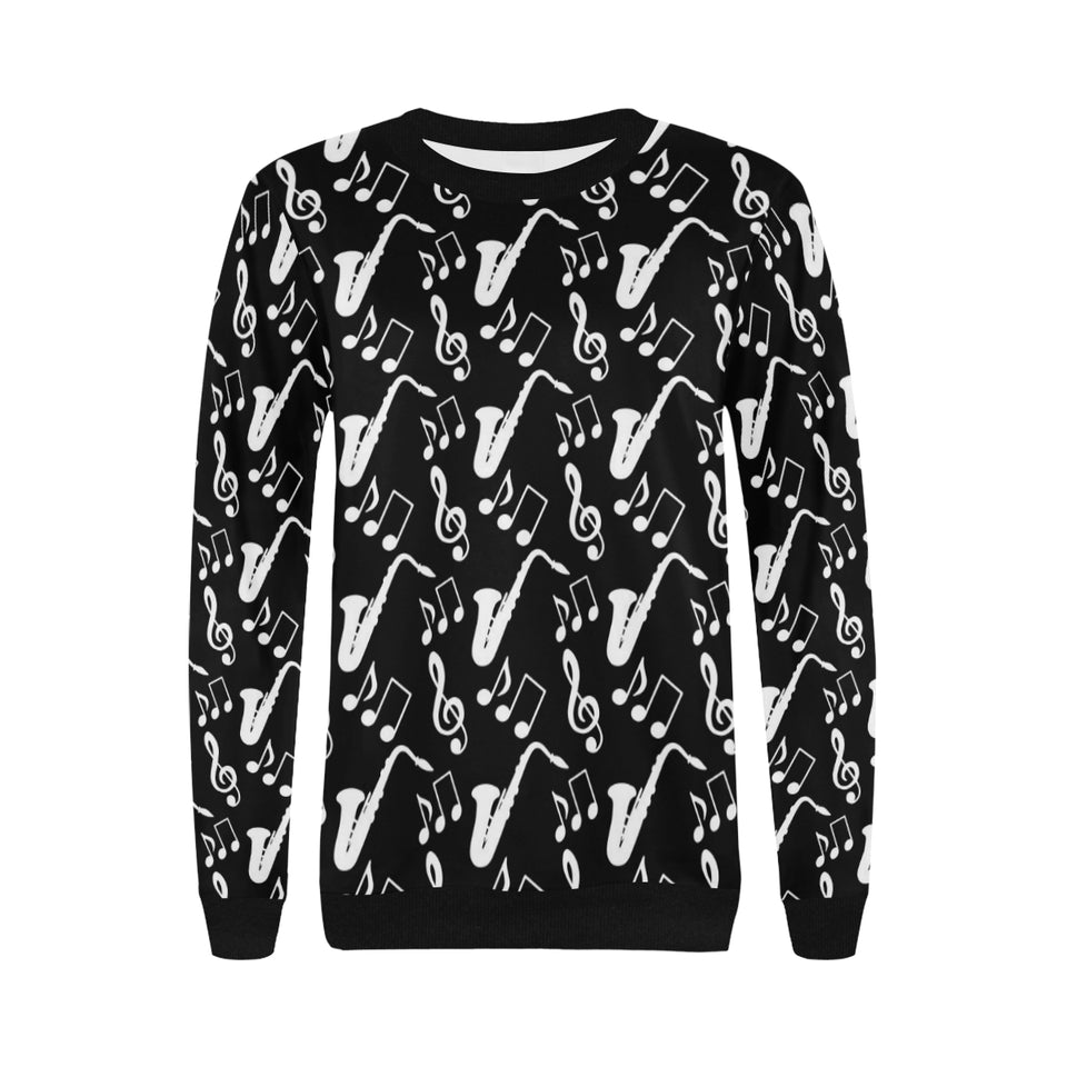 Saxophone music notes treble clef black white them Women's Crew Neck Sweatshirt