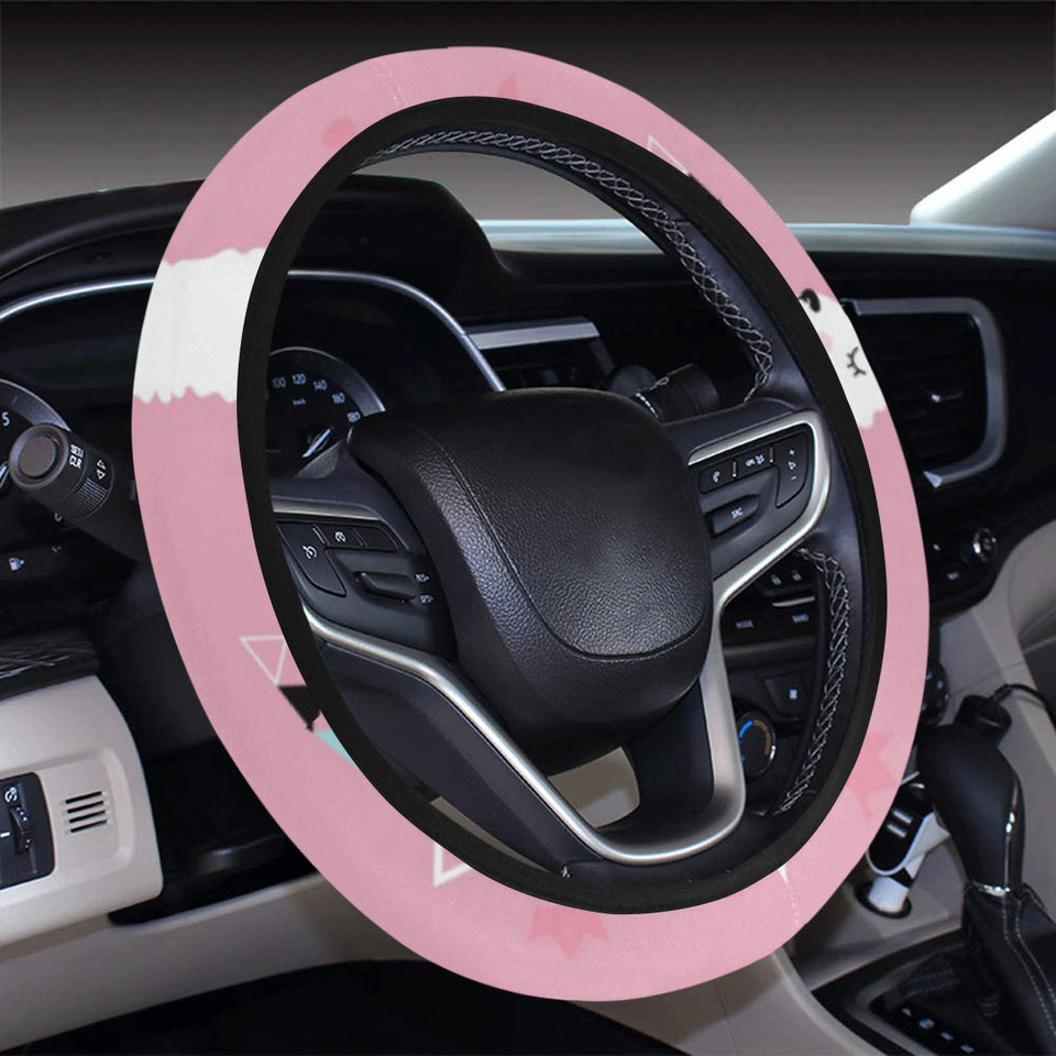 Llama Alpaca pink background Car Steering Wheel Cover