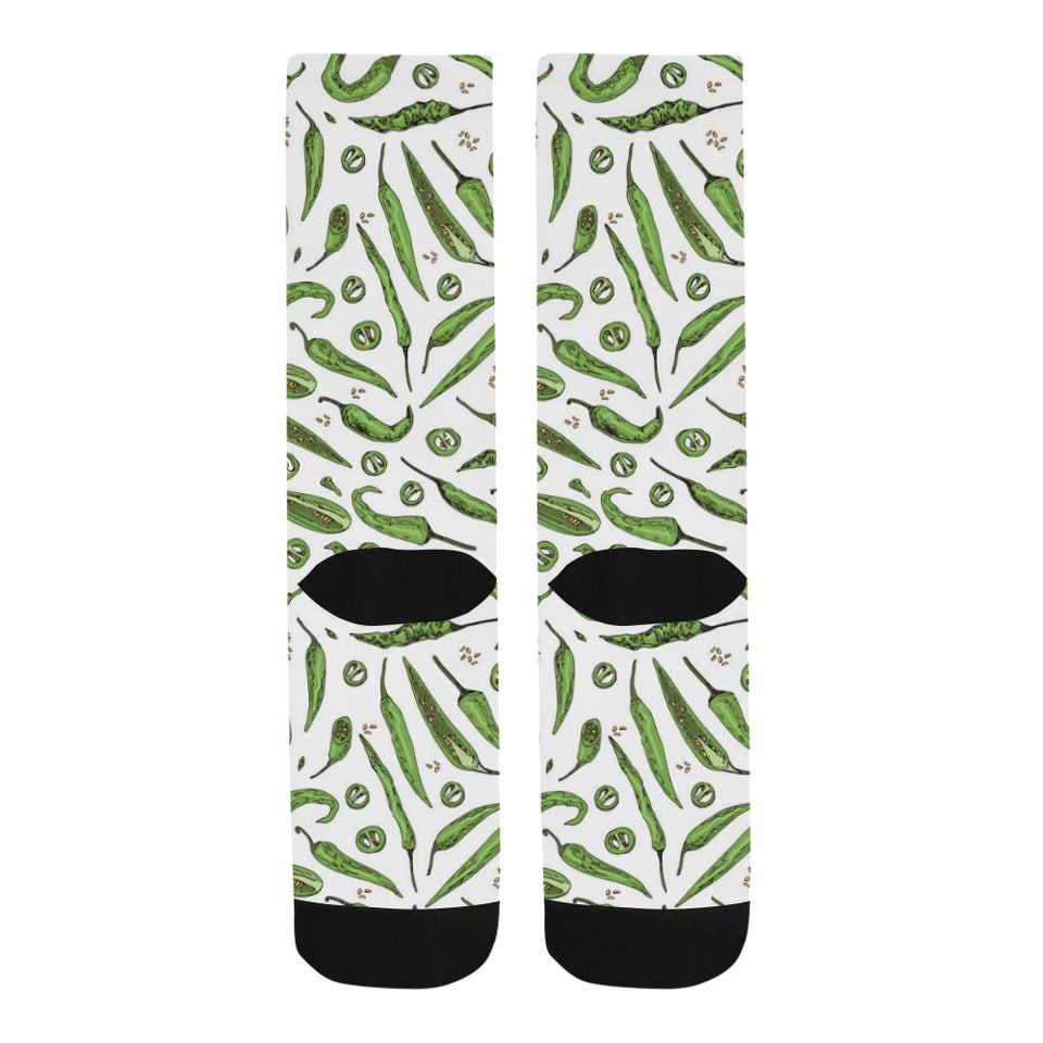 Hand drawn sketch style green Chili peppers patter Crew Socks