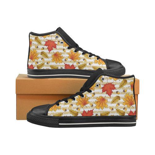 Maple leaf oak leaf acorns beige striped backgroun Women's High Top Canvas Shoes Black