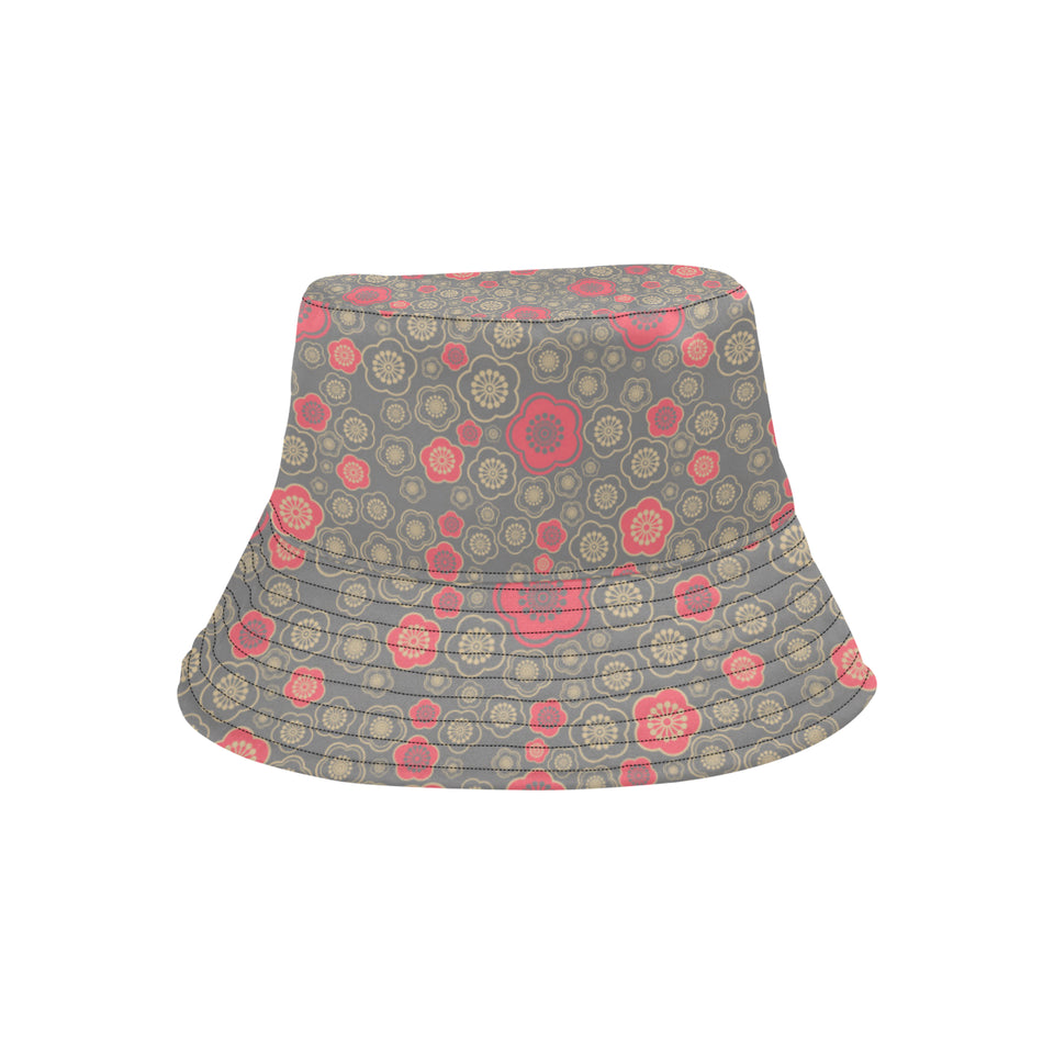 Red gold Sakura cherry blossom gray background Unisex Bucket Hat