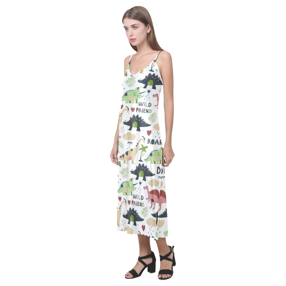 Cute dinosaurs pattern V-Neck Open Fork Long Dress