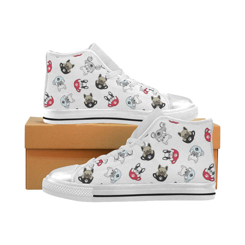 French bulldog cup paw pattern Women's High Top Canvas Shoes White