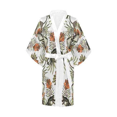 Monkey red hibiscus flower palm leaves floral patt Women's Short Kimono Robe