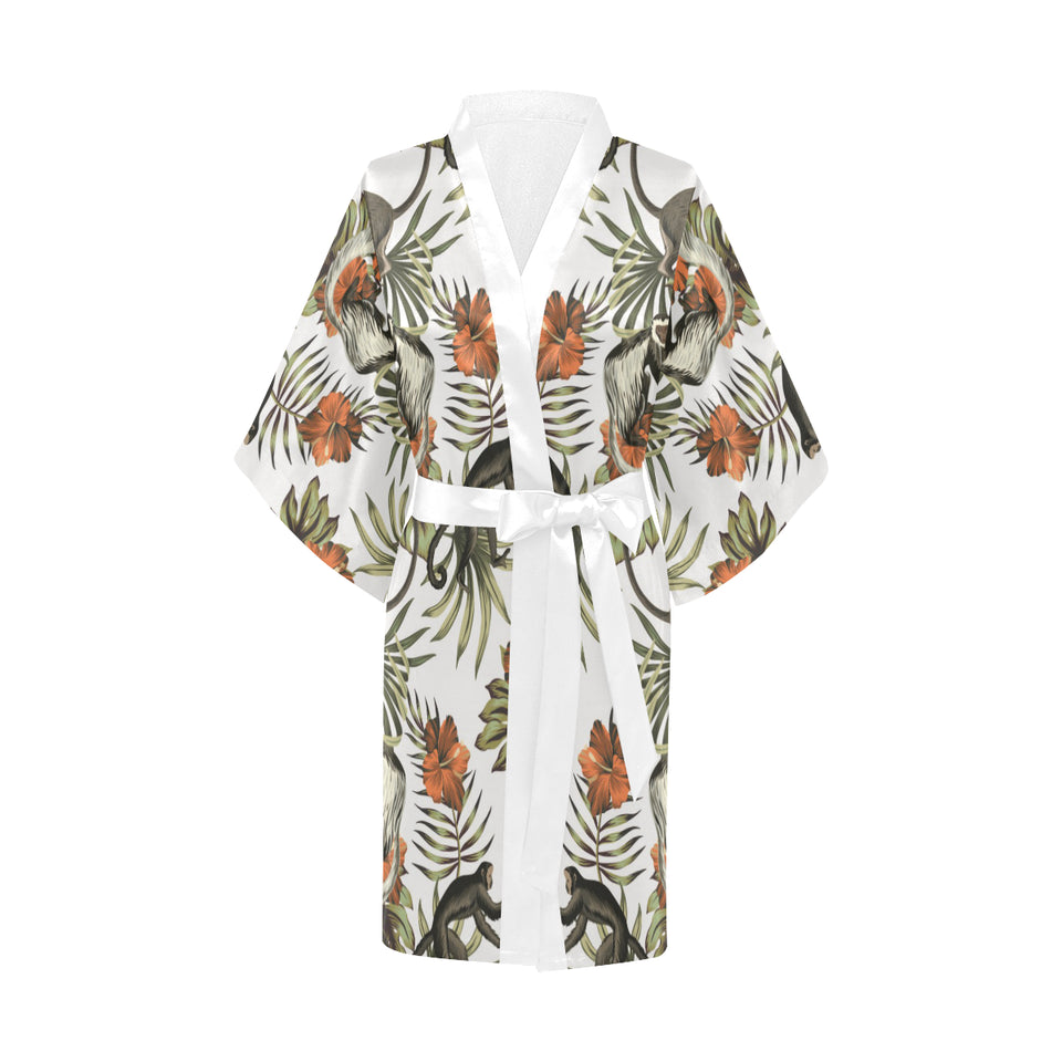 Monkey red hibiscus flower palm leaves floral patt Women's Short Kimono Robe