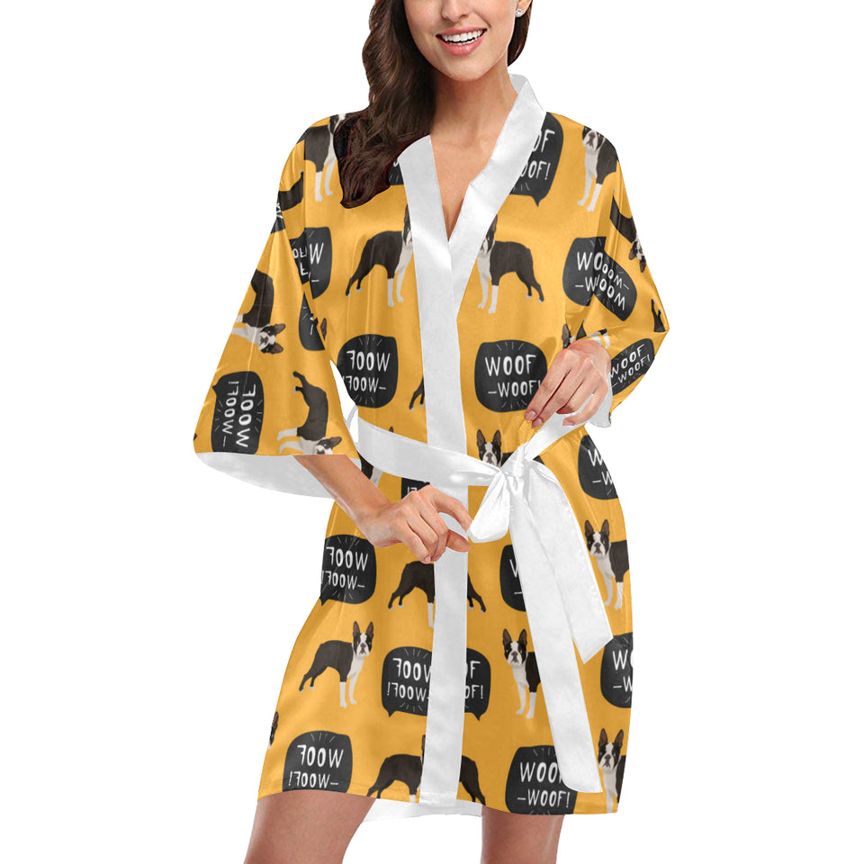 Boston terrier design pattern Women's Short Kimono Robe