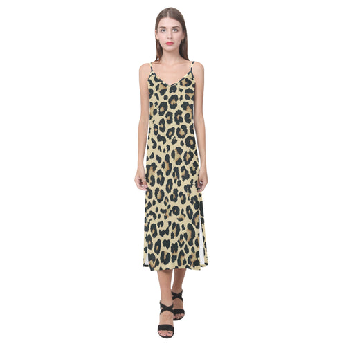 Leopard print design pattern V-Neck Open Fork Long Dress