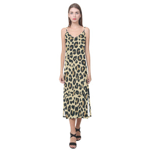 Leopard print design pattern V-Neck Open Fork Long Dress