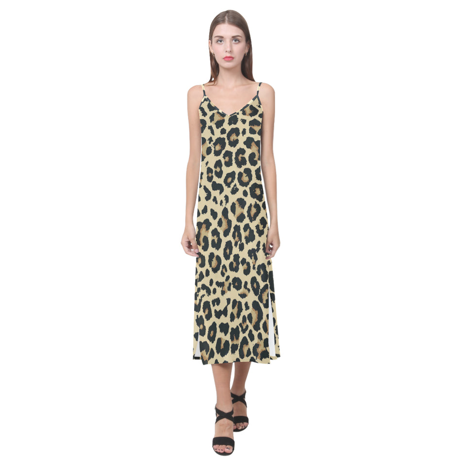 Leopard print design pattern V-Neck Open Fork Long Dress