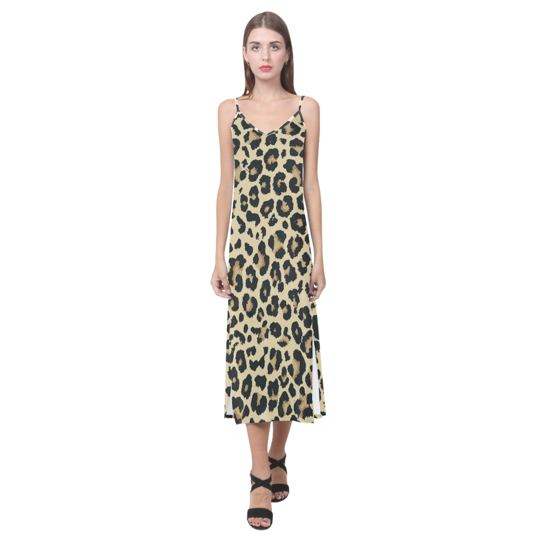Leopard print design pattern V-Neck Open Fork Long Dress