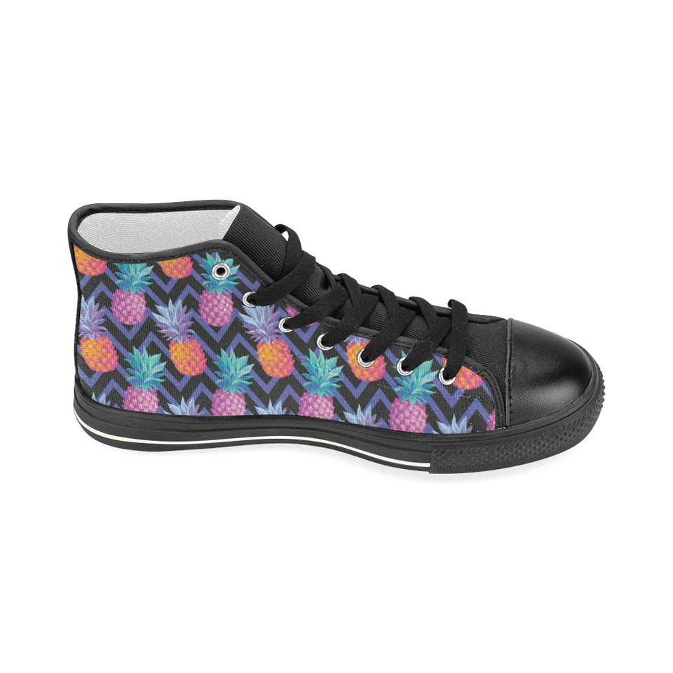Pineapples pattern zigzag background Women's High Top Canvas Shoes Black