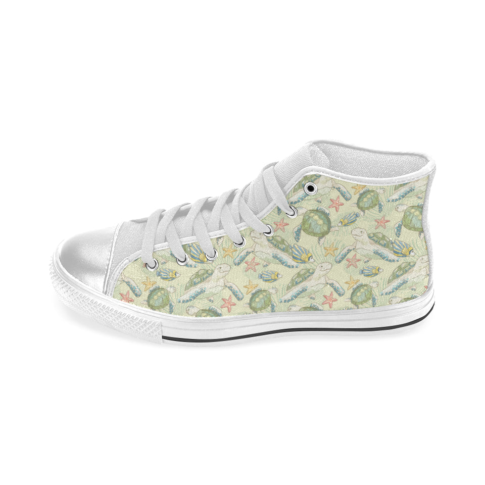 Hand drawn sea turtle fish pattern Women's High Top Canvas Shoes White