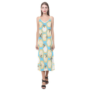 Bee honeycomb pattern V-Neck Open Fork Long Dress