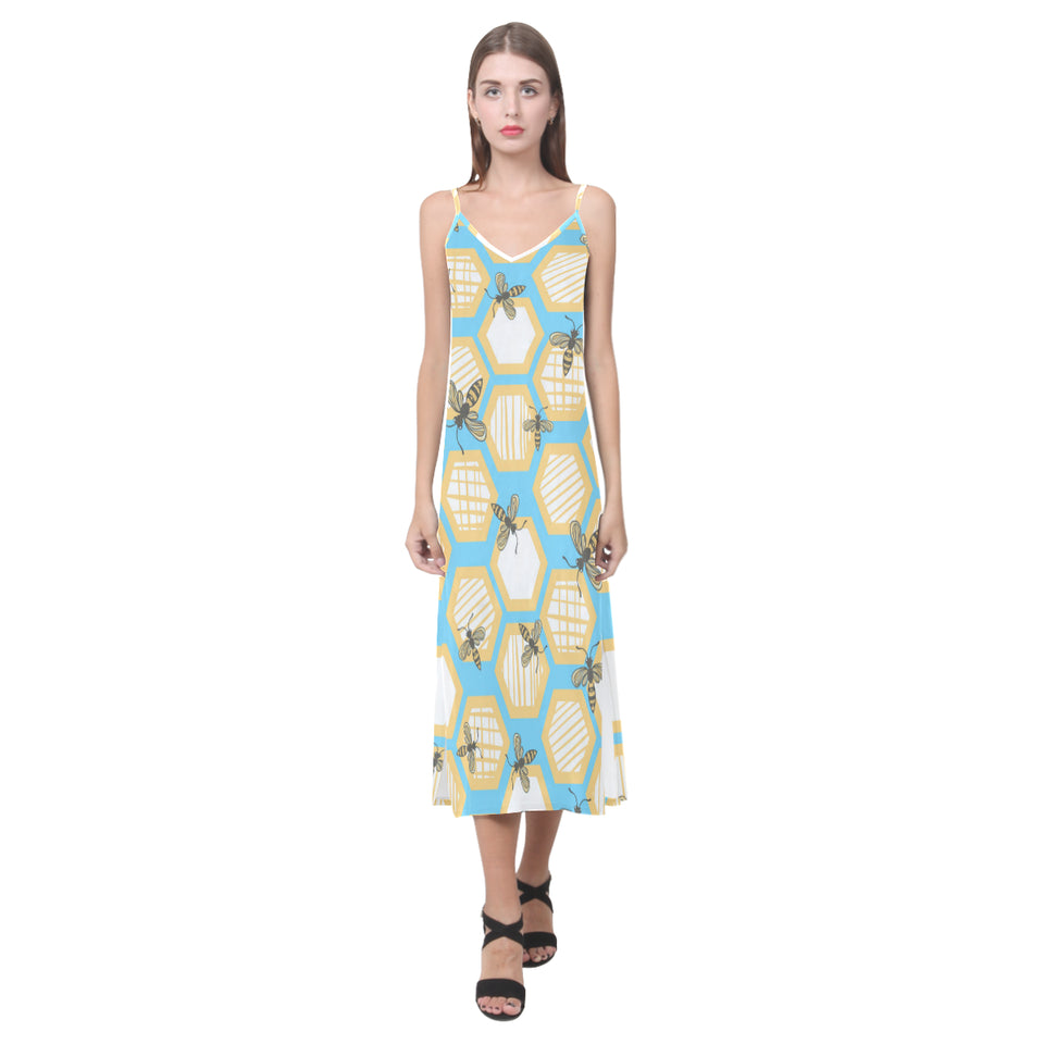 Bee honeycomb pattern V-Neck Open Fork Long Dress