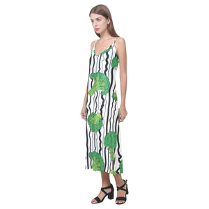 Cool Broccoli pattern V-Neck Open Fork Long Dress