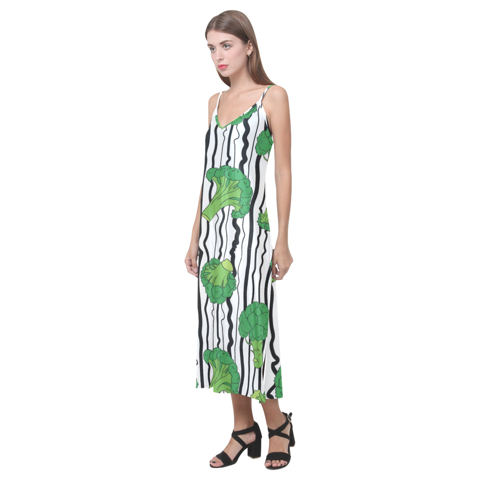 Cool Broccoli pattern V-Neck Open Fork Long Dress