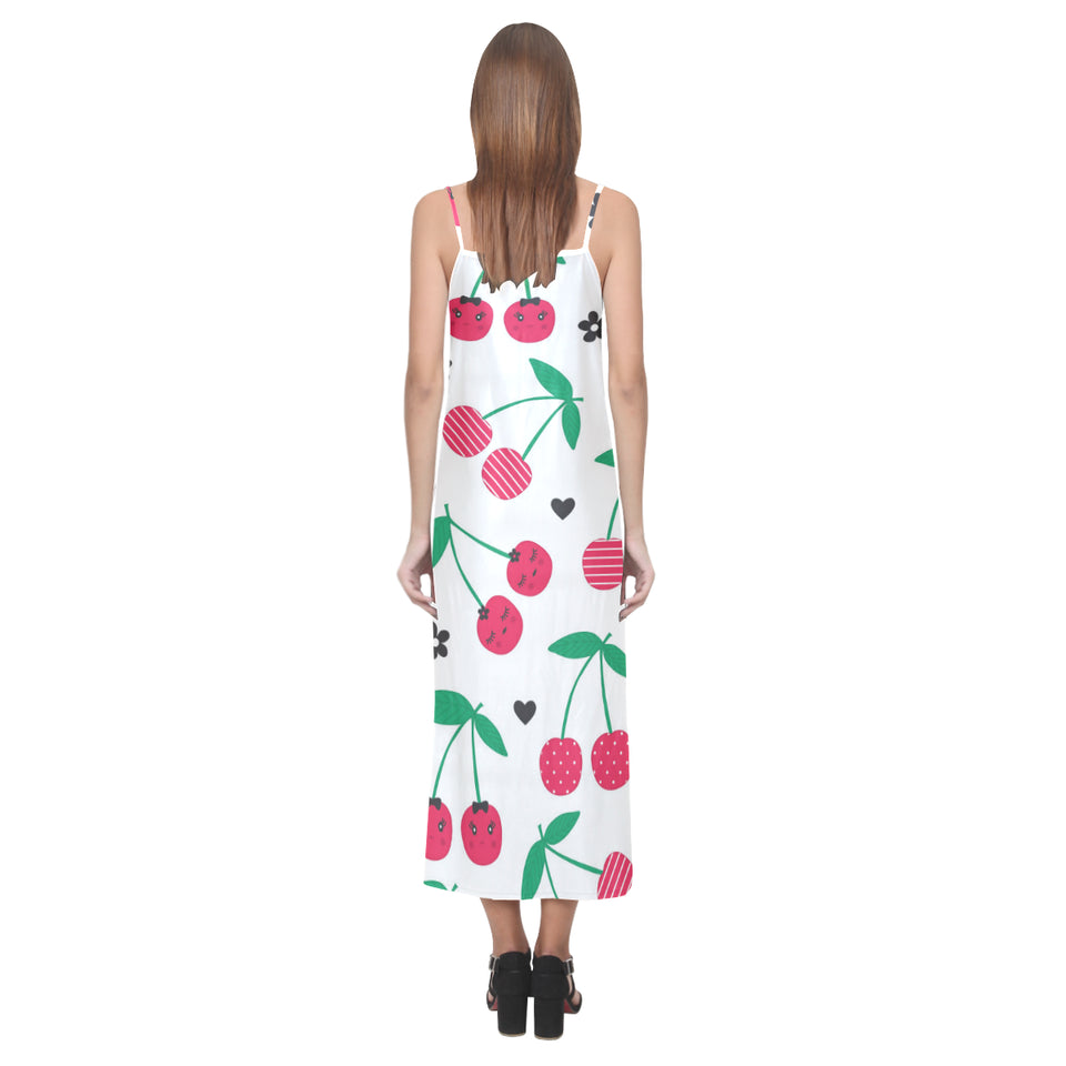 cherry pattern white background V-Neck Open Fork Long Dress