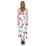 cherry pattern white background V-Neck Open Fork Long Dress