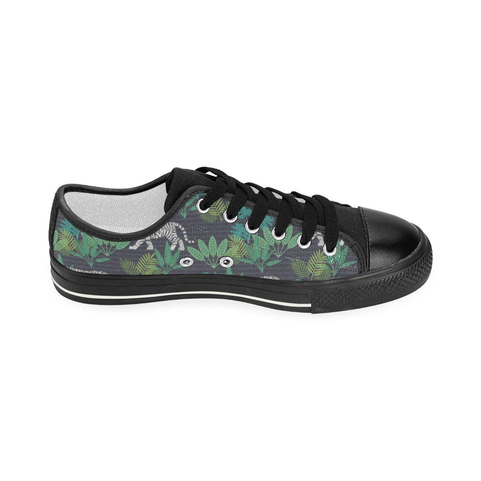 white bengal tigers tropical plant Women's Low Top Canvas Shoes Black