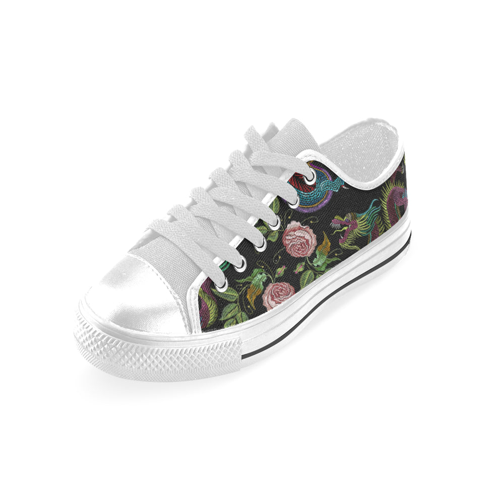 Dragons flower pattern Men's Low Top Shoes White