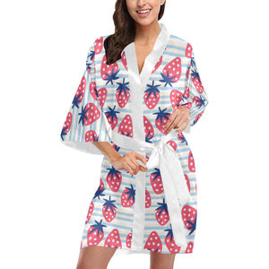 Strawberry pattern blue lines background Women's Short Kimono Robe