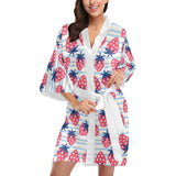 Strawberry pattern blue lines background Women's Short Kimono Robe