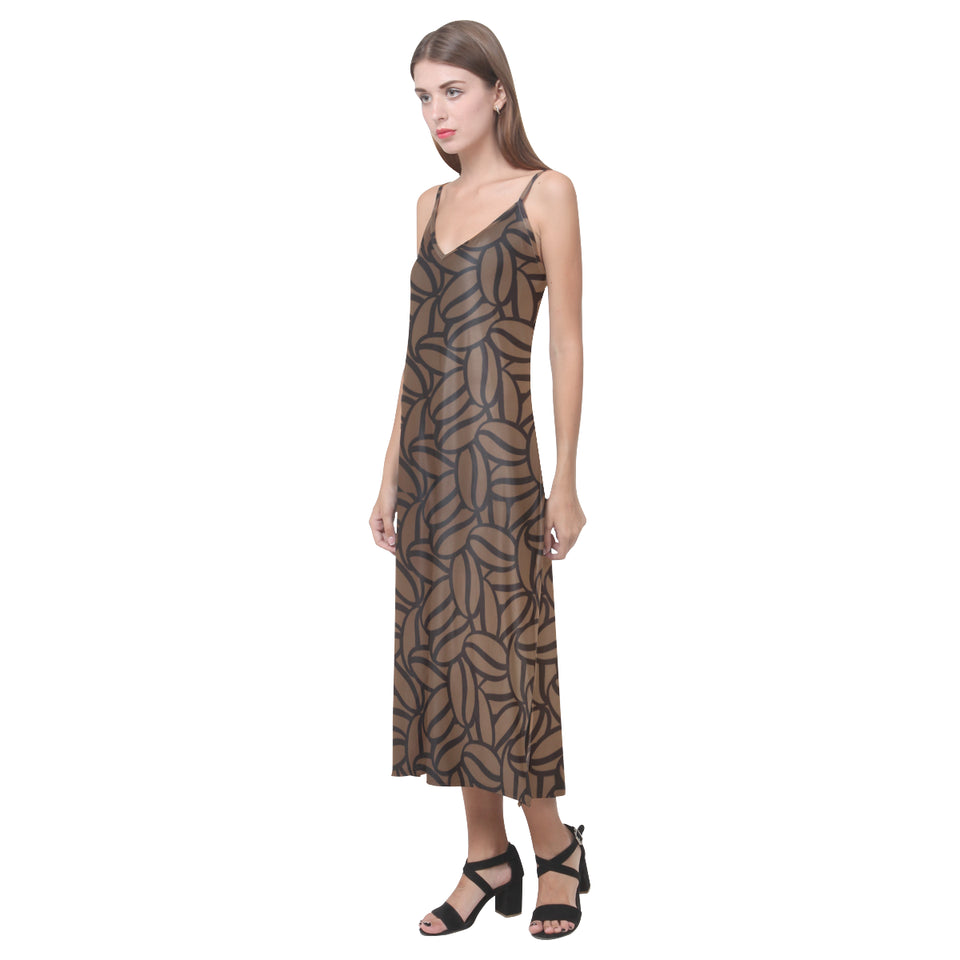 coffee bean pattern V-Neck Open Fork Long Dress