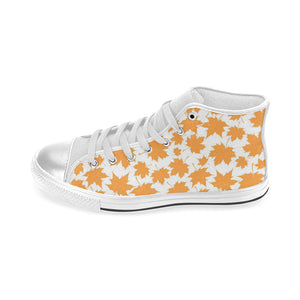 Orange Maple Leaf pattern Women's High Top Canvas Shoes White