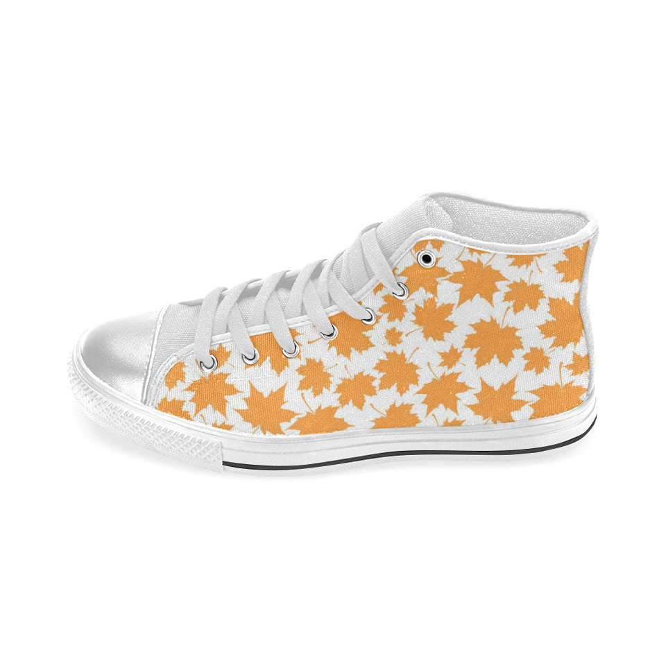 Orange Maple Leaf pattern Women's High Top Canvas Shoes White