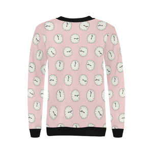 Clock pattern pink blackground Women's Crew Neck Sweatshirt
