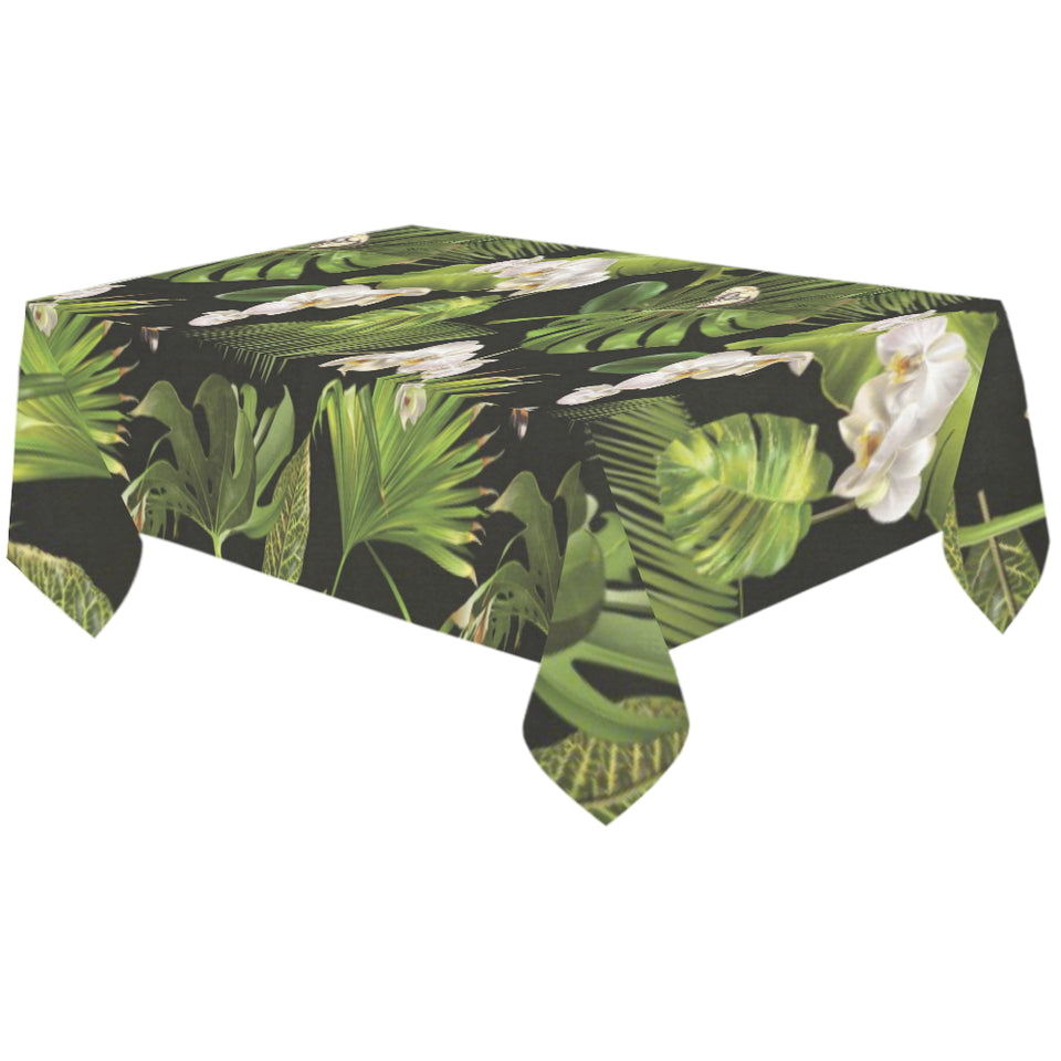 White orchid flower tropical leaves pattern blackg Tablecloth
