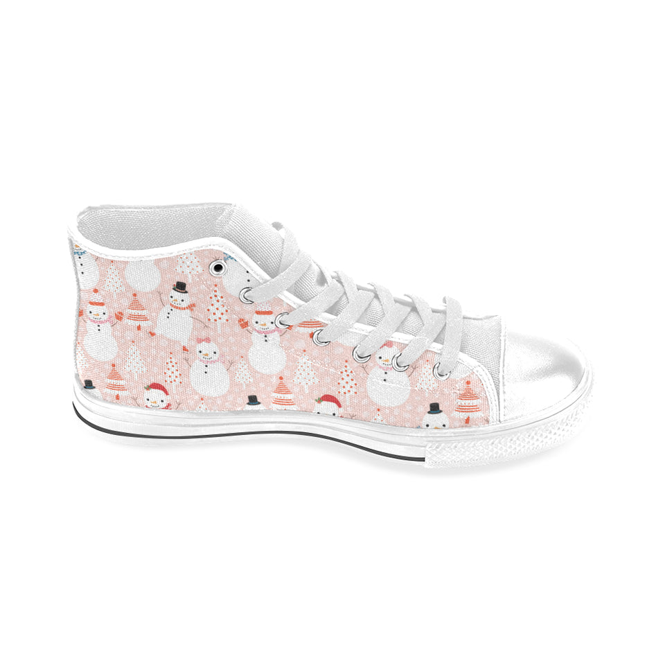 Cute snowman christmas tree snowpink background Men's High Top Canvas Shoes White