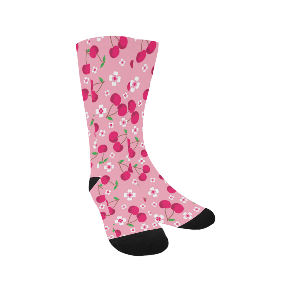 cherry flower pattern pink background Crew Socks