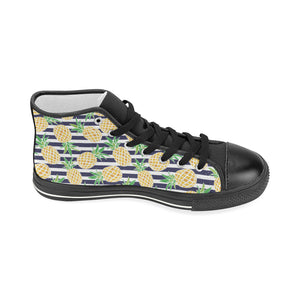 Pineapples pattern striped background Women's High Top Canvas Shoes Black