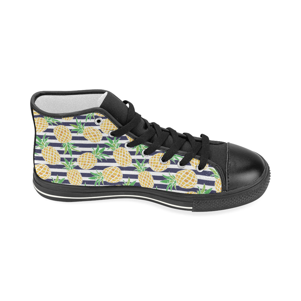 Pineapples pattern striped background Women's High Top Canvas Shoes Black