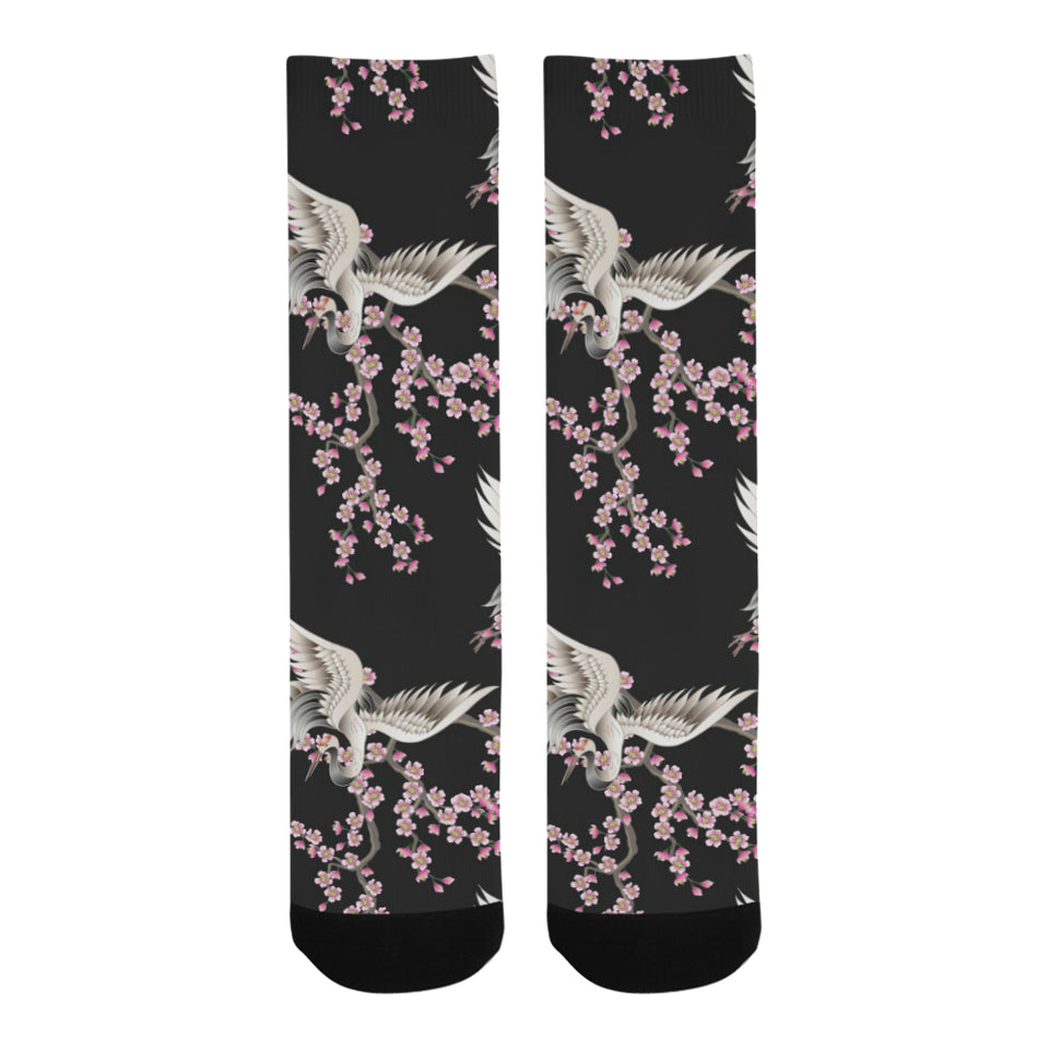 Japanese crane pink sakura pattern Crew Socks
