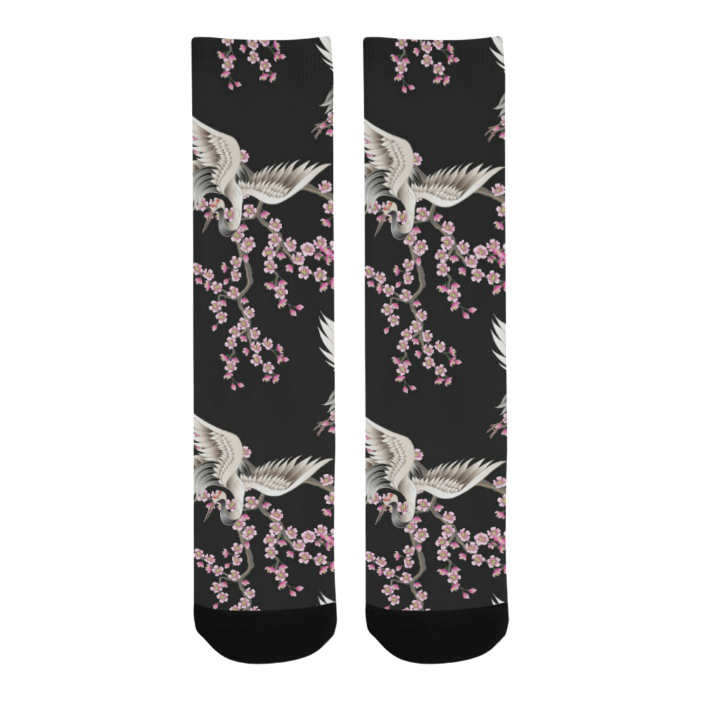 Japanese crane pink sakura pattern Crew Socks