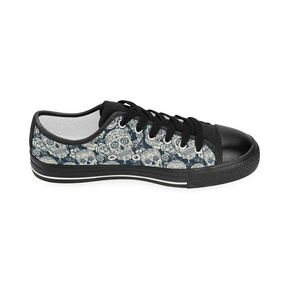 Sugar skull black white pattern Kids' Boys' Girls' Low Top Canvas Shoes Black
