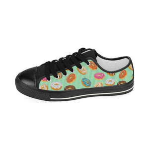 Colorful donut pattern green background Kids' Boys' Girls' Low Top Canvas Shoes Black
