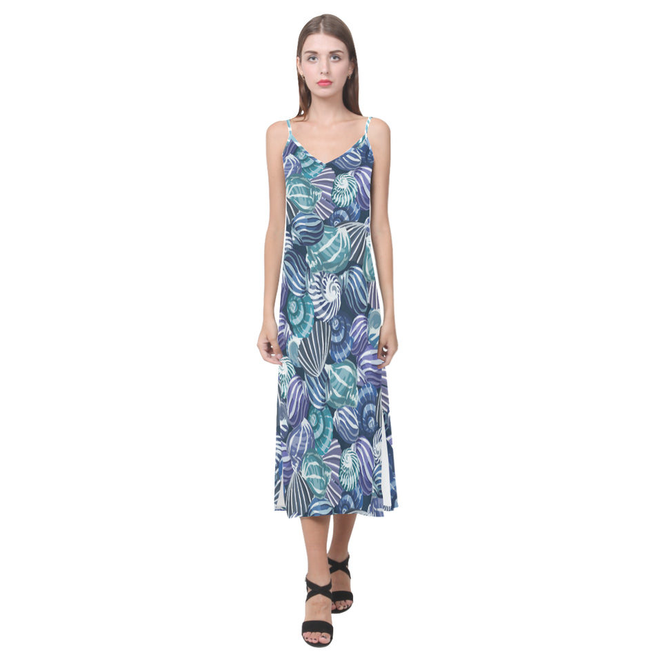 Shell design pattern V-Neck Open Fork Long Dress