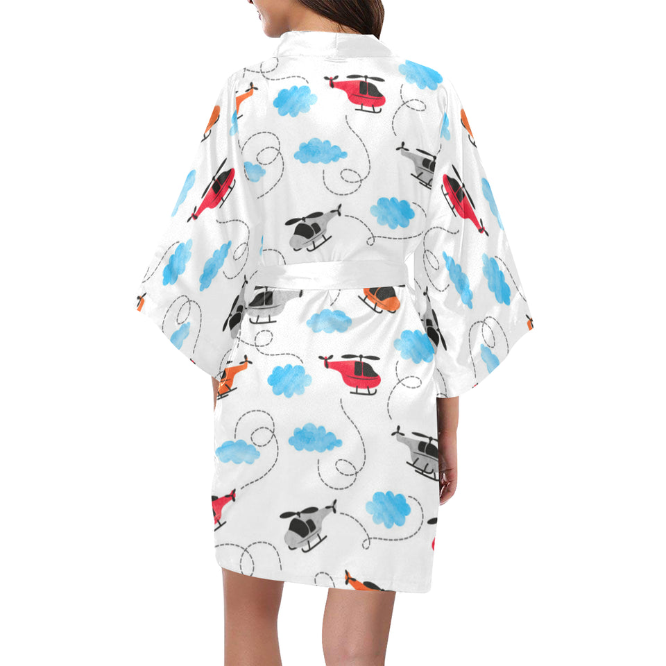 Watercolor helicopter cloud pattern Women's Short Kimono Robe